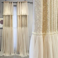 french romantic sequin pearls double curtains for living room bedroom beige blackout curtain for wedding home decor drapes 4
