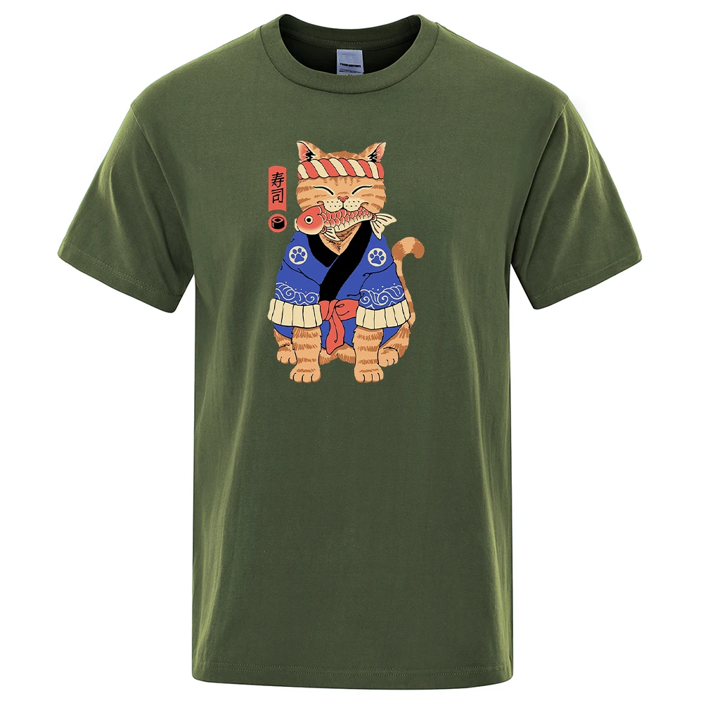 

Футболка в японском стиле укиё-э с принтом оранжевого кота, мужские спортивные мягкие футболки, модная одежда с круглым вырезом, удобная муж...