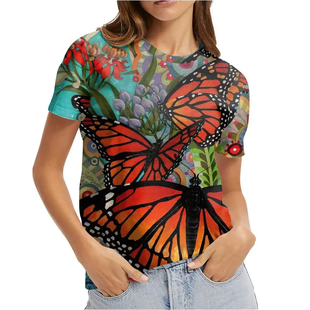 

Женская футболка с круглым вырезом, летние модные женские повседневные свободные топы с коротким рукавом и цветочным принтом бабочки 3d 3xl ...