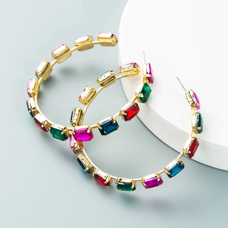 

Big Circle Hoop Gold Rainbow Mixed Crystals Round Earrings for Women Fashion Statement Fuchsia Crystals Punk Earring Jewelry