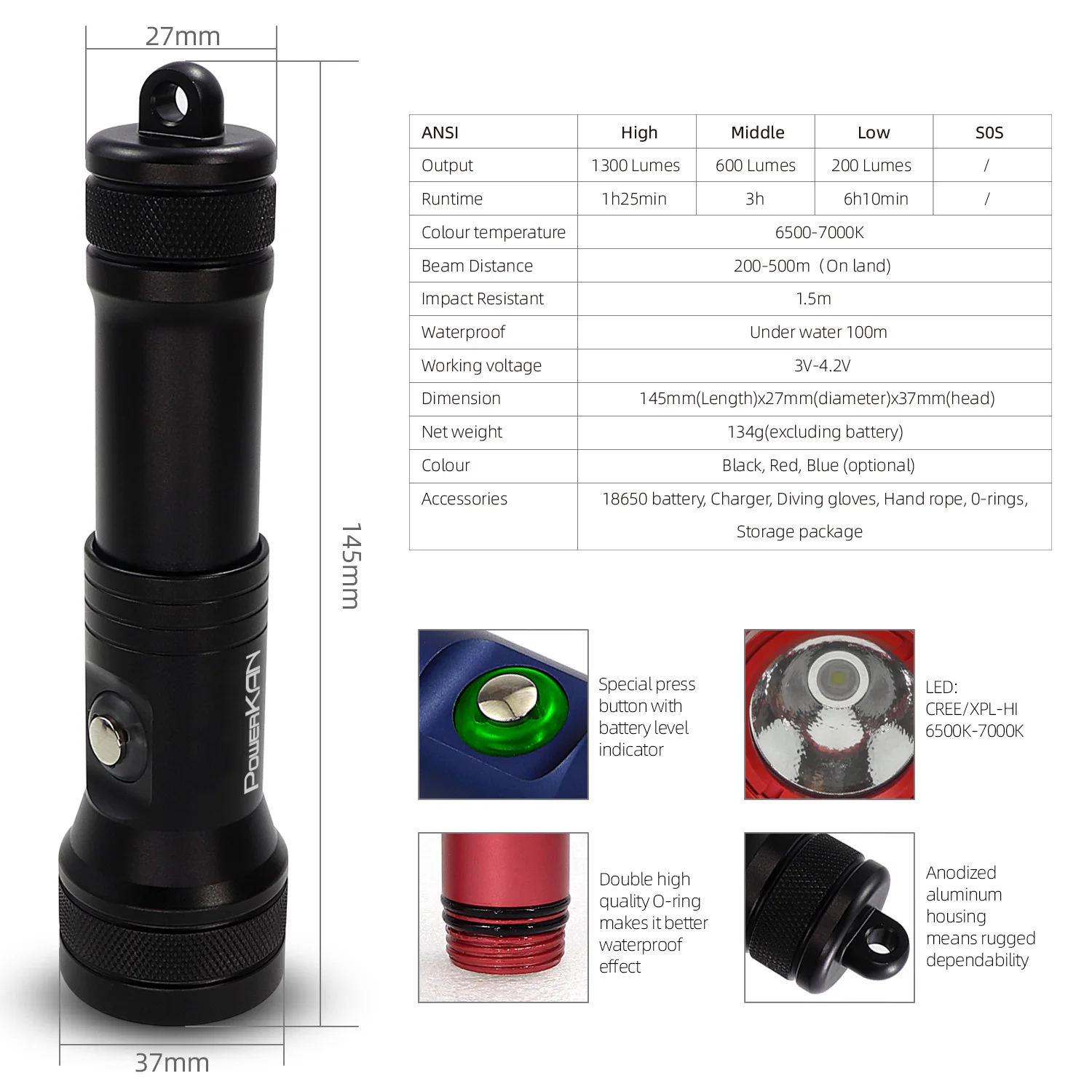 Портативный Ручной Фонарик PowerKAN Для Дайвинга С Перезаряжаемой Батареей И