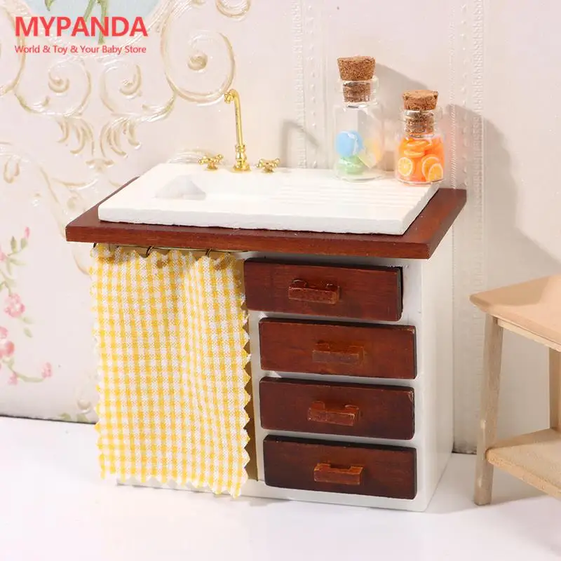 

1:12 Dollhouse Miniature Laundry Cabinet Bathroom Sink Cabinet Kitchen Wash Basin Drawer Chest w/Curtain Furniture Model Decor
