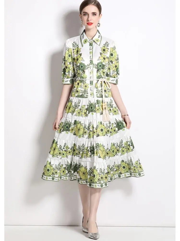 

Женское свободное облегающее платье, модельное однобортное платье с отложным воротником и коротким рукавом, праздничное пляжное платье с зеленым цветочным принтом, лето