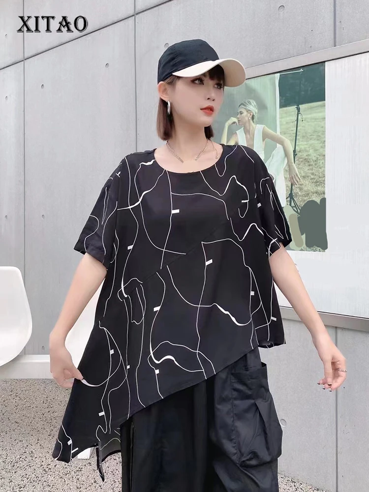 

Женские Асимметричные футболки XITAO, свободные повседневные футболки с геометрическим рисунком и круглым вырезом, Новое поступление лета 2023, универсальные Топы HQQ0246