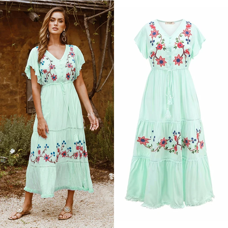 Exquisite Embroidery Flower Holiday Maxi Dress Bohemian Women V Neck Drawstring Waist Green Tassel Trimed Cotton Long Vestidos