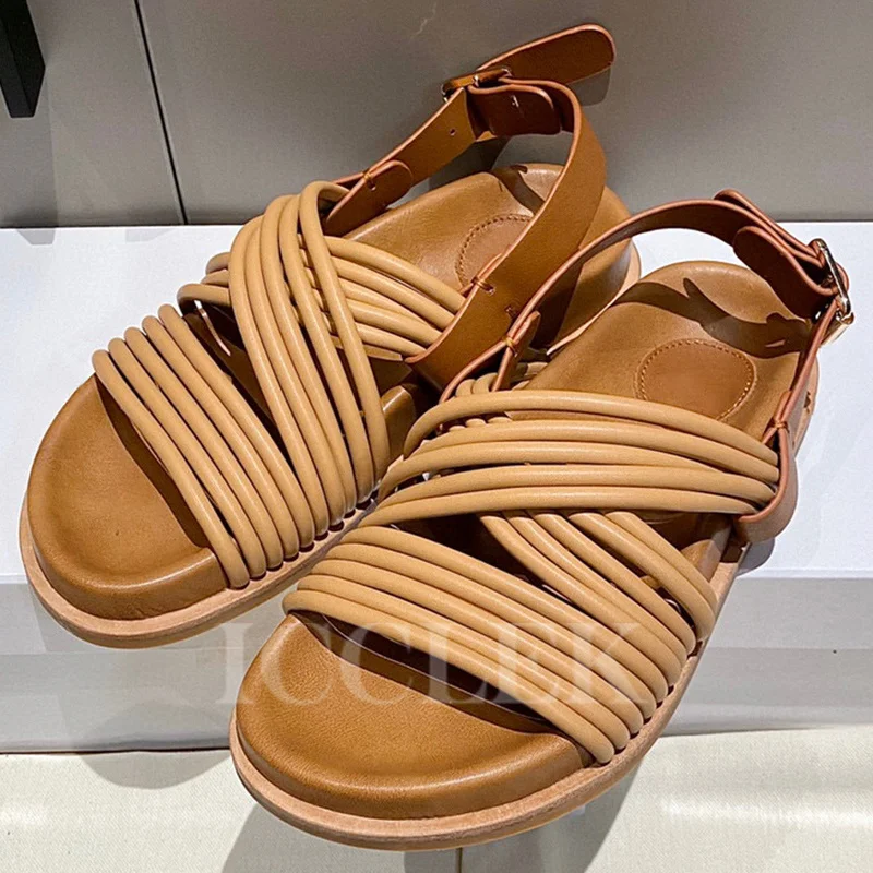 

High-Quality New Female Sandals Summer Narrow Band Cross Belt Design Buckle Strap Sandals Appear Thin Thick Bottom Ladies Shoes