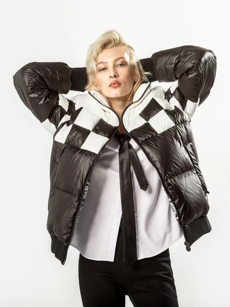 

Bosdeng x Gautier designer co branded series deep winter down jacket Checkerboard print goose down coat warm Puffer Jacket light