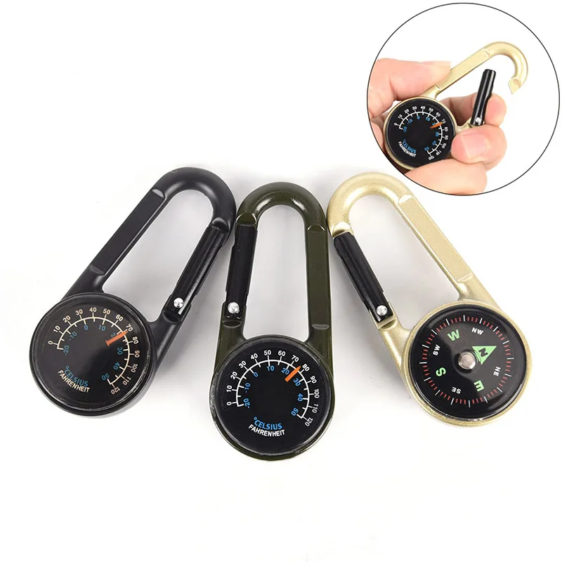 

Outdoor Multifunctional Hiking Mini Compass Thermometer Keychain Camping Hiking Survival Tools Metal Carabiner