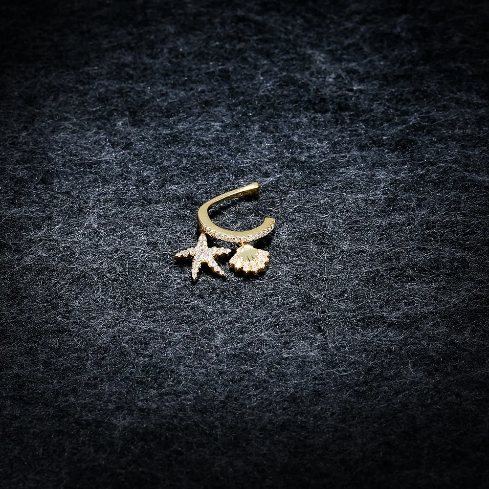 

APM STYLE High Quality 925 Sterling Silver Single Starfish Fan-shaped Earbone Clip Golden Gold Set With Diamond Earless Earrings