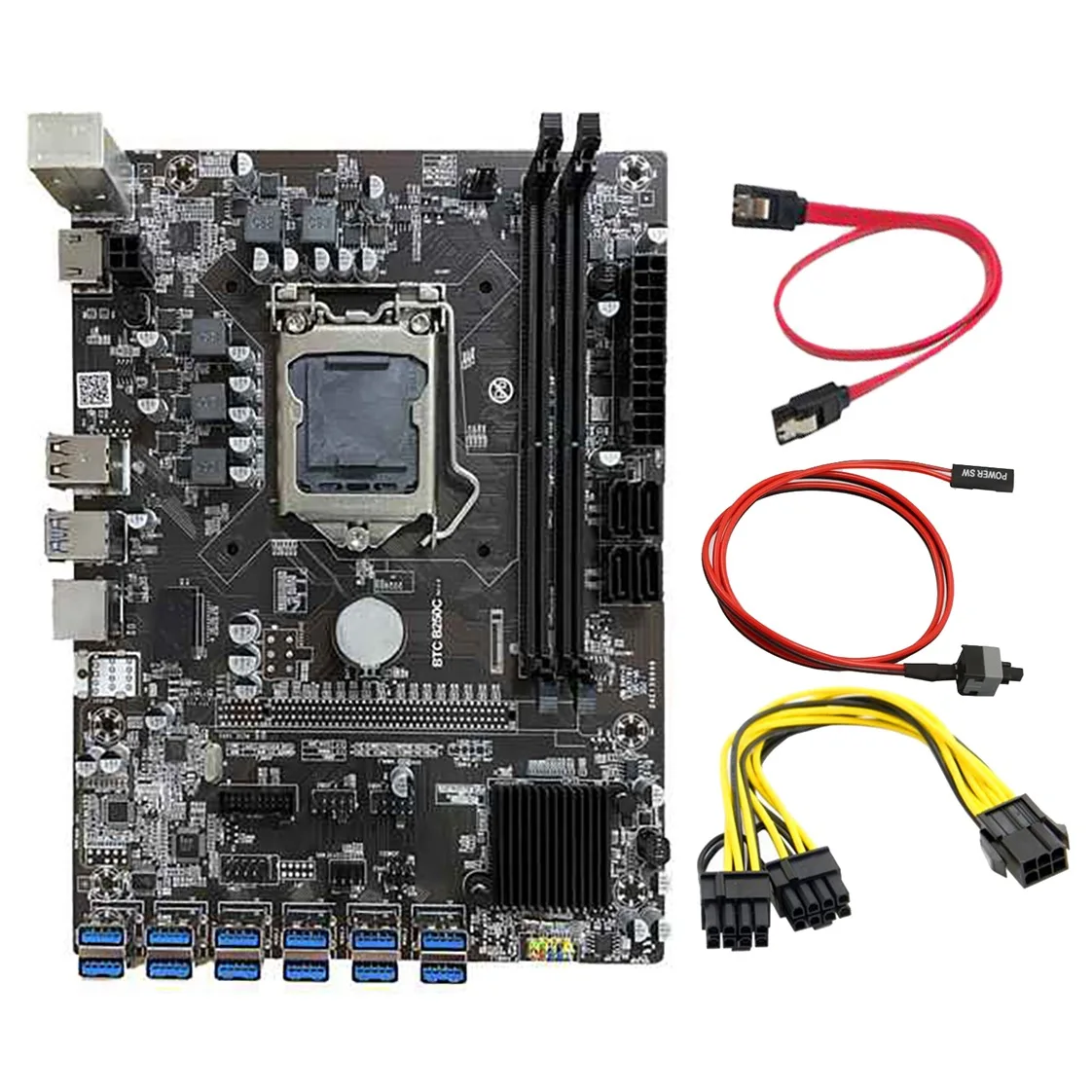 

B250C BTC Mining Motherboard 12 USB3.0 Graphics Card Slot LGA 1151 DDR4 DIMM RAM with 6 to 8 Pin Power Cable+Switch Line