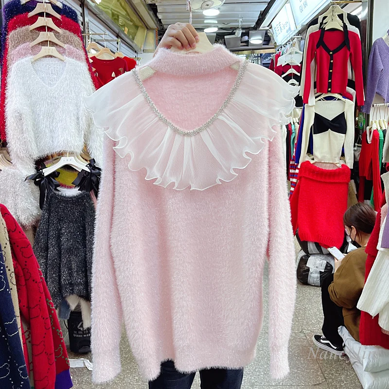 

Женский ажурный свитер, изысканный вязаный свитер средней длины из искусственной норки, с лямкой на шее, с оборками, весна-зима