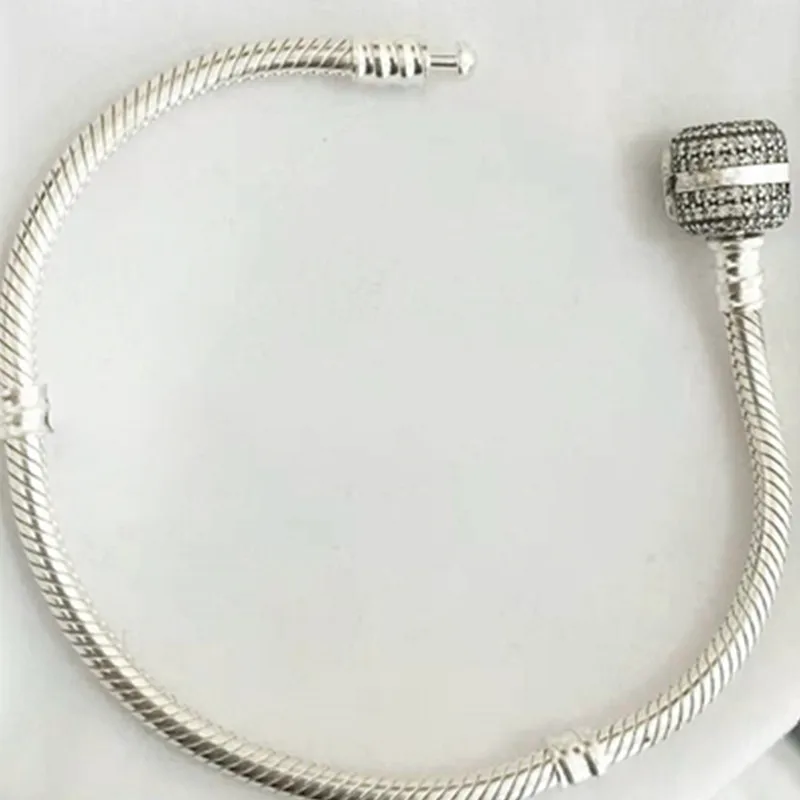 

925 Sterling Silver Signature Clasp Crystal Snake Chain pan Bracelet Bangle Anklets Fit Women Bead Diy Europe Jewelry