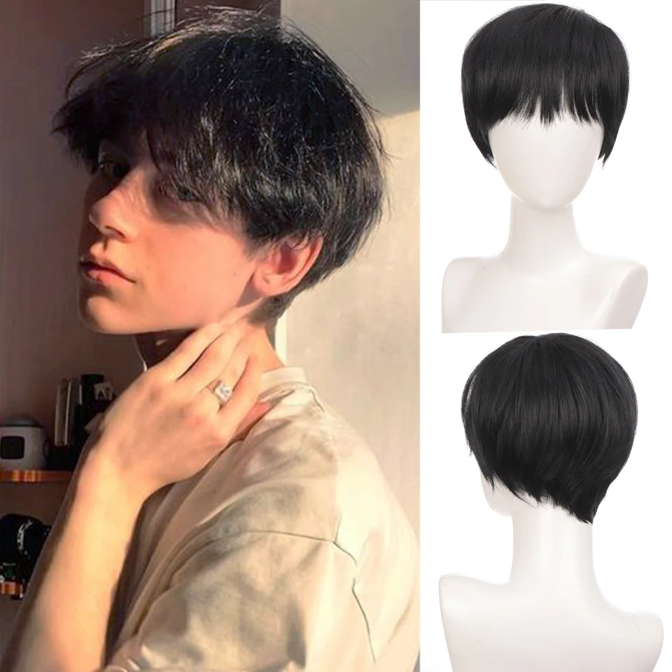 

HOUYAN Synthetic Short Straight Hair Men's Wig Natural Black Bangs For Cosplay High Temperature Resistant Wigs