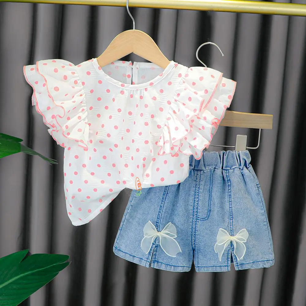 

Baby clothing loungewear Girls summer new magenta net red suit Korean version of the baby polka dot bottoming shirt 2PCS