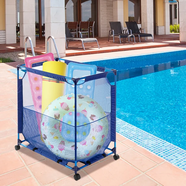 

Aluminum Frame Natural Color Tube Swimming Pool Storage Basket Modern Blue Pool Storage Bin XX Large Nylon Mesh Basket Organizer