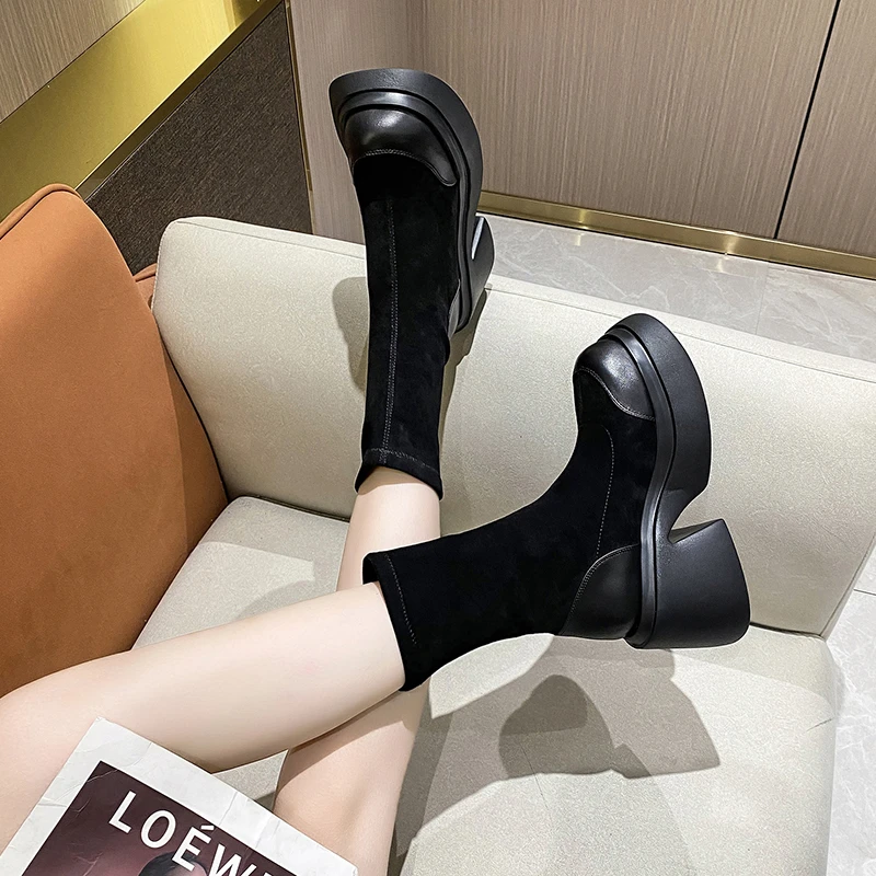 

Женские ботинки в британском стиле, удобные ботинки до бедра с квадратным носком, на платформе и толстом каблуке, обувь для школы, 2022