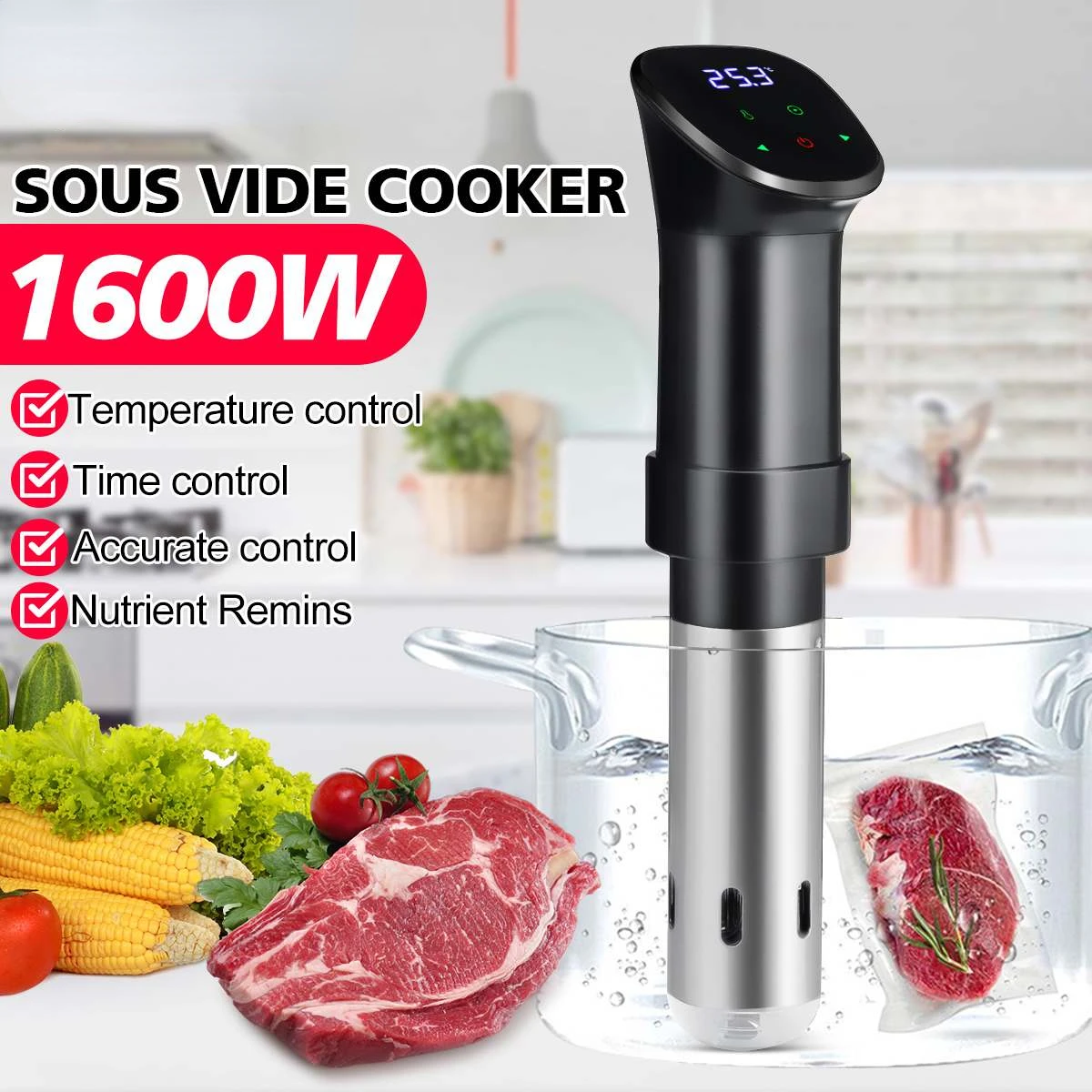 

Slow Sous Vide Cooker Circulator 1600W Powerful Slow Cookers with LCD Digital Timer 304 Stainless Steel Cooking Machine