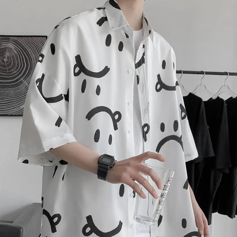 2023 Spring Summer Men's Shirts Half Sleeve  Korean Clothing Turn-down Collar Casual Fashion Male Blouses Tops E80