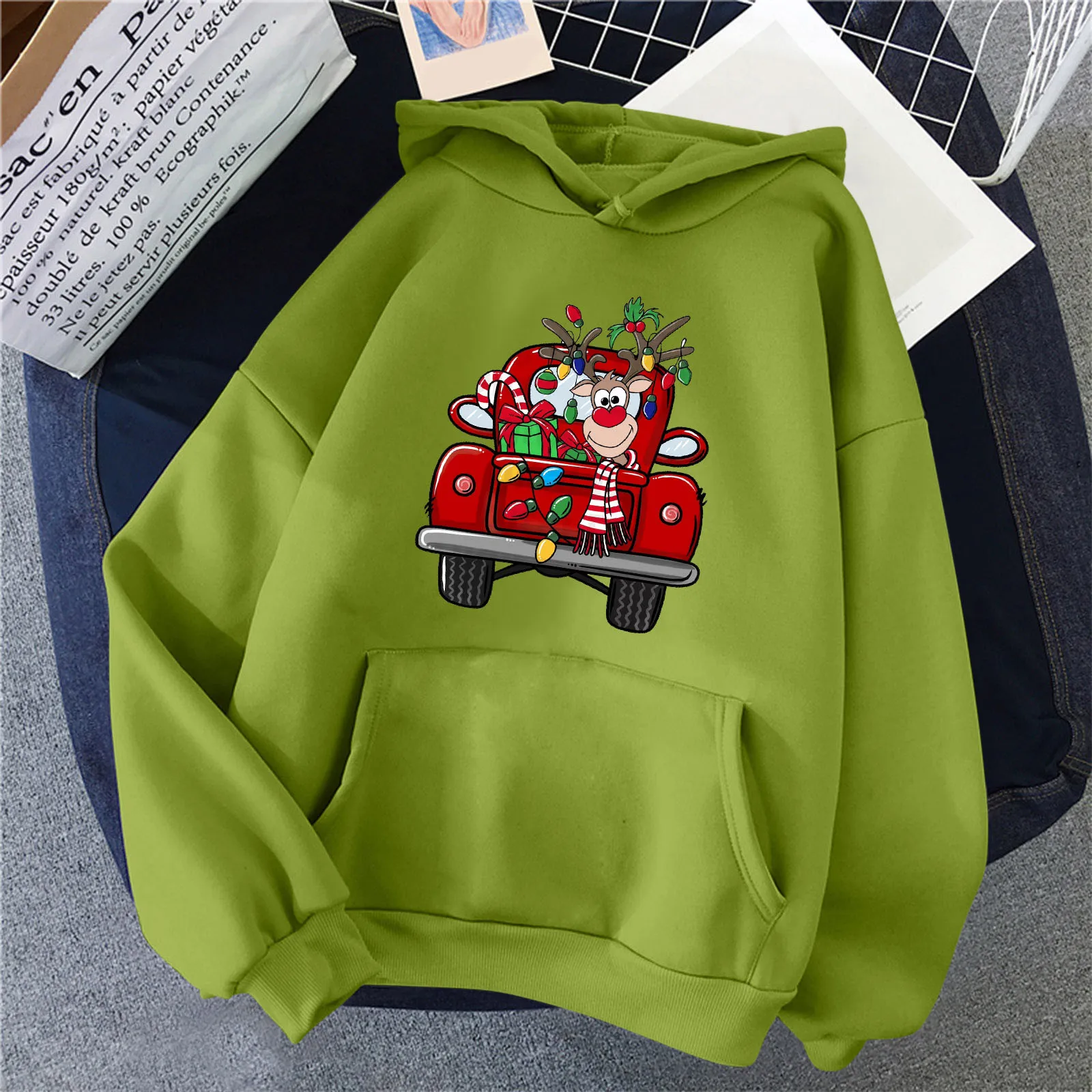 

Women Pocket O-Neck Christmas Print Long Sleeve Hoodie Blouse Sweatshirt Top Long Fleece Jacket Fleece Hooded Jacket Women