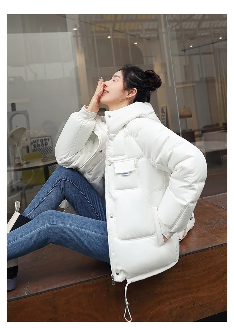Korean Style Oversized Hooded Mid-length Cotton Padded Coat Women Loose Warm Thicken Fluffy Overcoat Snow Wear Solid Outwear