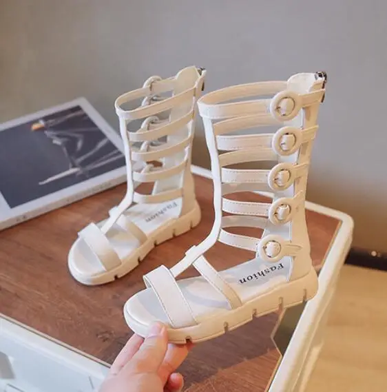 

Сандалии до колена для девочек, босоножки Гладиаторы с узкими ремешками, модная детская обувь, плоская подошва, летние