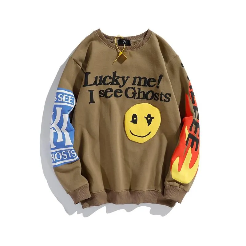 Harajuku Retro Smiley Flame Print Round Neck Sweatshirts Men