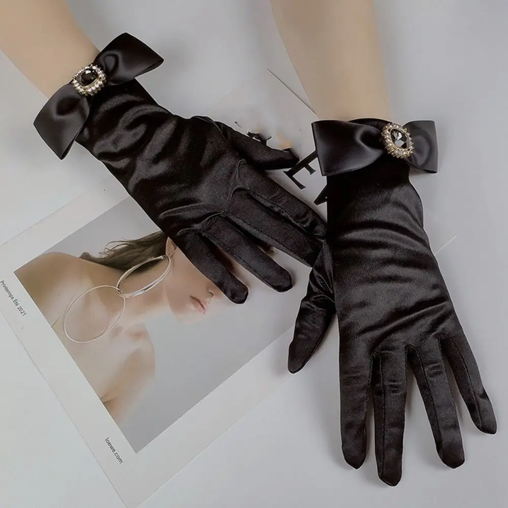 

Accessories Prom Dinner Gloves Rhinestone Black White Wedding Bridal Gloves Women Gloves Bow Gloves Satin Mittens