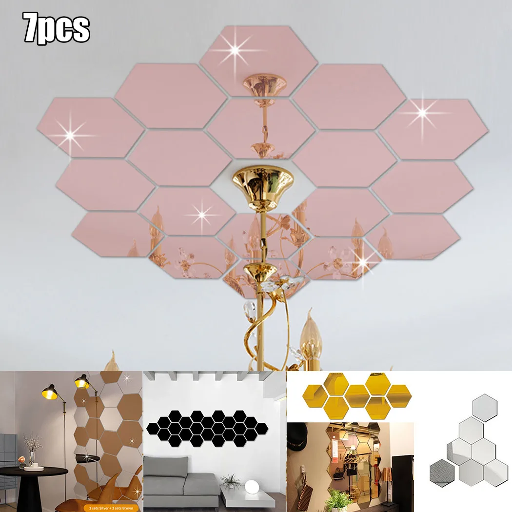 

7Pcs 3D Hexagon Mirror Tiles Acrylic Mirror Wall Stickers Mosaic Wall Stickers Self Adhesive Bedroom Art Home Decorative