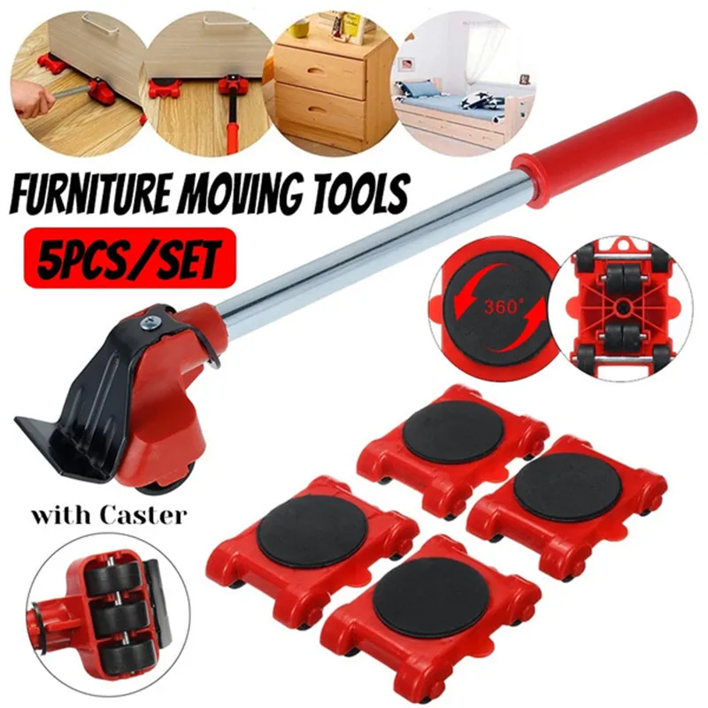 5Pcs Set Furniture Lifter Heavy Duty Furniture Mover Transport Moving System 4 Movers Rollers 1 Wheel Bar Hand Tool