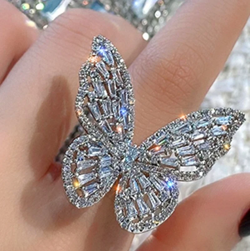 Ins net red same butterfly ring super fairy temperament imitation zircon crystal personality exaggerated trendsetter ring