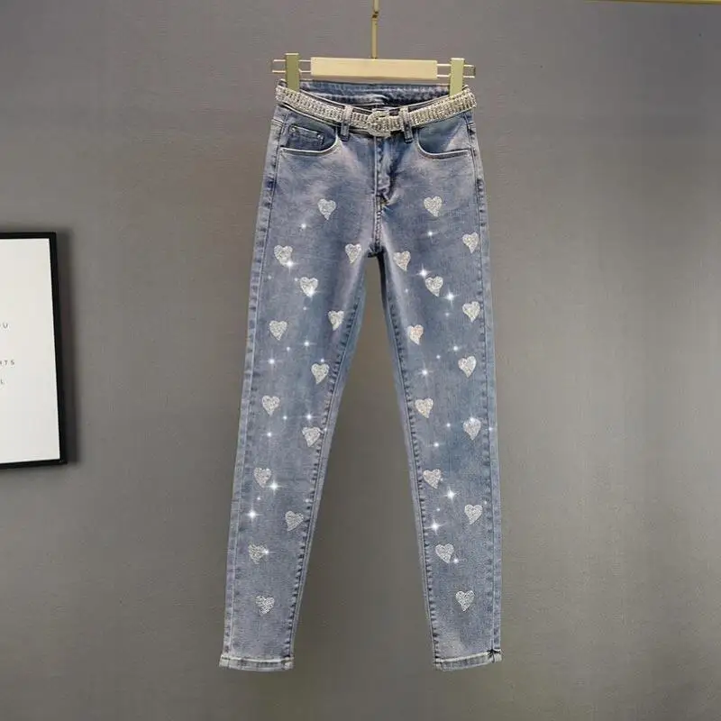 

2022 High Waist Slim Women's Jeans Love Hot Drill Pencil Pants Female Blue Elastic Denim Trouser Casual Pantalon Pour Femme w259