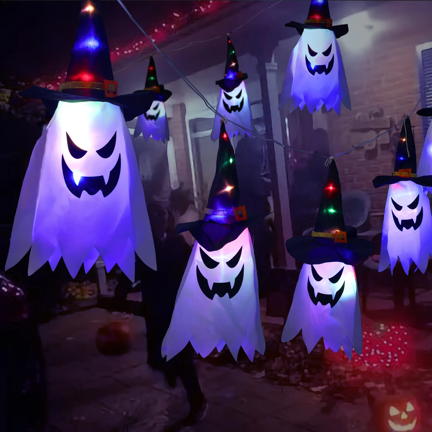 

Halloween Decorations Outdoor 5Pcs Hanging Lighted Glowing Ghost Witch Hat Decor with Lights String Glowing Hanging Witch Hat