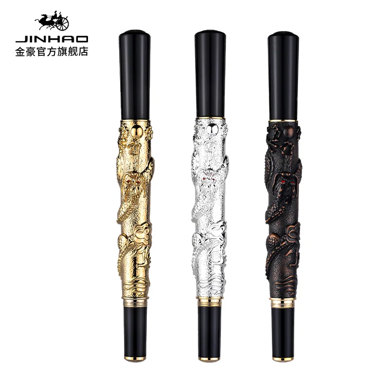 

JINHAO Noble Golden 0.5MM Nib Fountain Pen Dragon Pattern Carved Office Supplies Pen for Writing Ink Pens, Box Option New