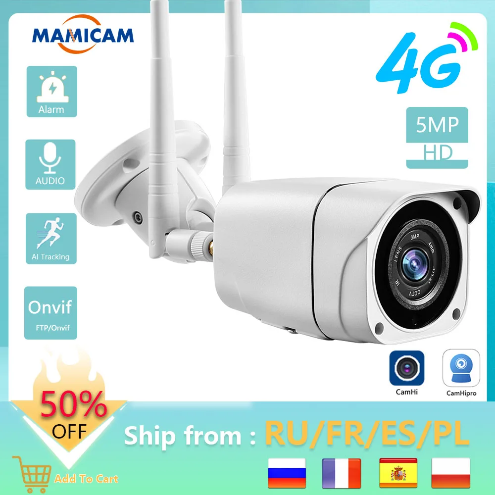 5MP Video Surveillance Camera With Sim Card 4G 3G WIFI Security Protection Outdoor Videcam CCTV Night Vision IP66 Camhi