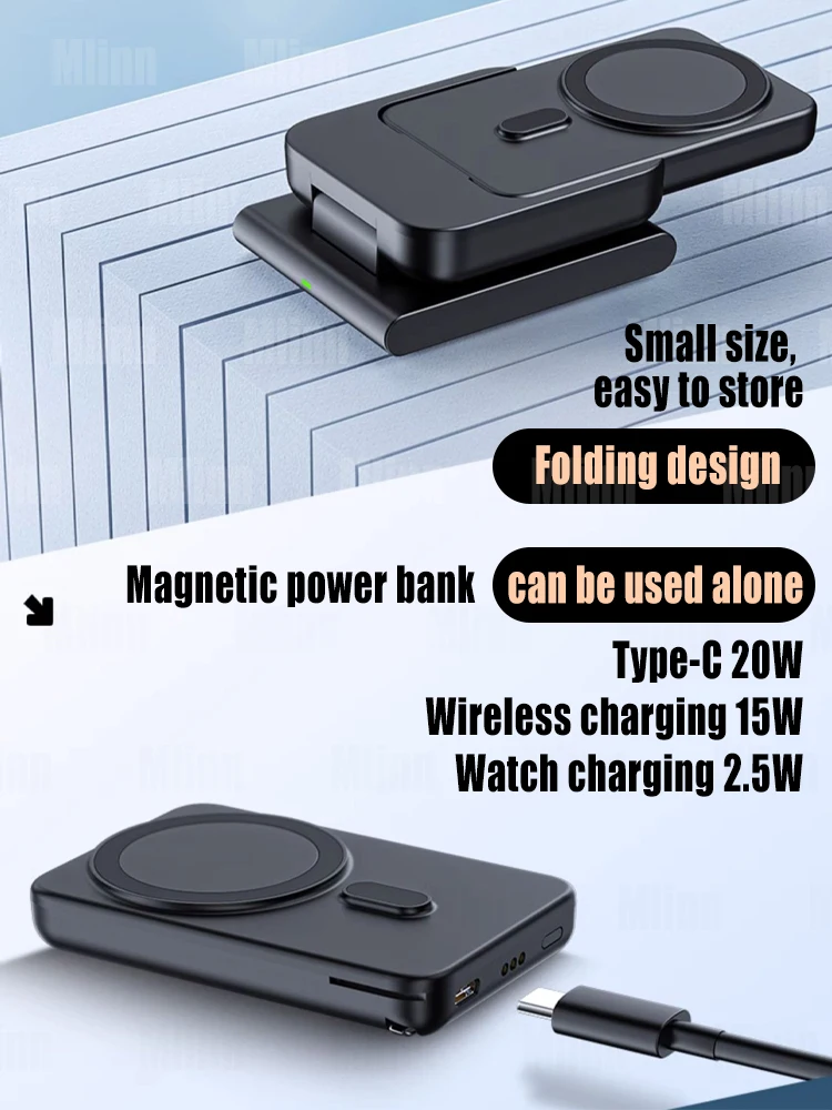 MacSafe 3 in 1 Magnetic Power Bank Wireless Charging Station 5000mAh External Auxiliary Battery For iPhone 14 13 12 Apple Watch