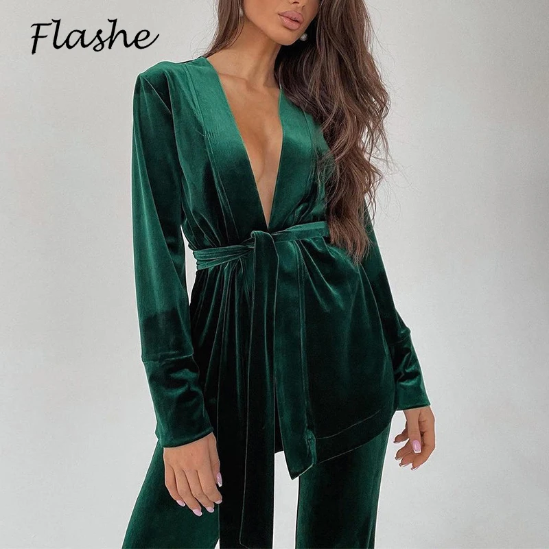 

Elegant Women Two Piece Set Velvet V Neck Blazer Jacket High Wasit Pants Suit Female Fashion Autumn Office Outfits
