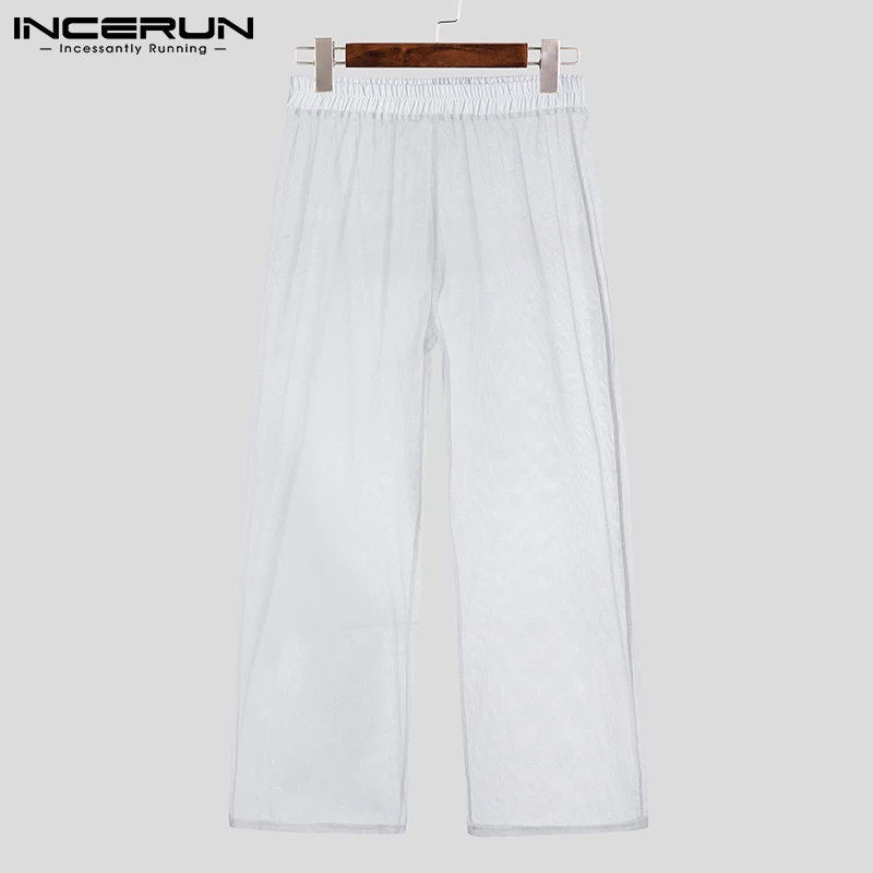 

2022 Men Mesh Pants Solid Color Transparent Streetwear Elastic Waist Casual Trousers Men Vacation Loose Sexy Pantalon INCERUN