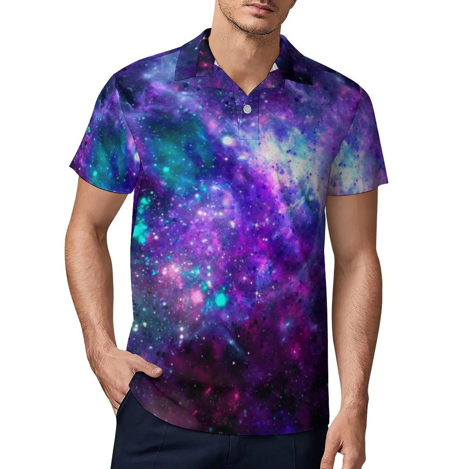 

Рубашка-поло мужская оверсайз с коротким рукавом и воротником-стойкой