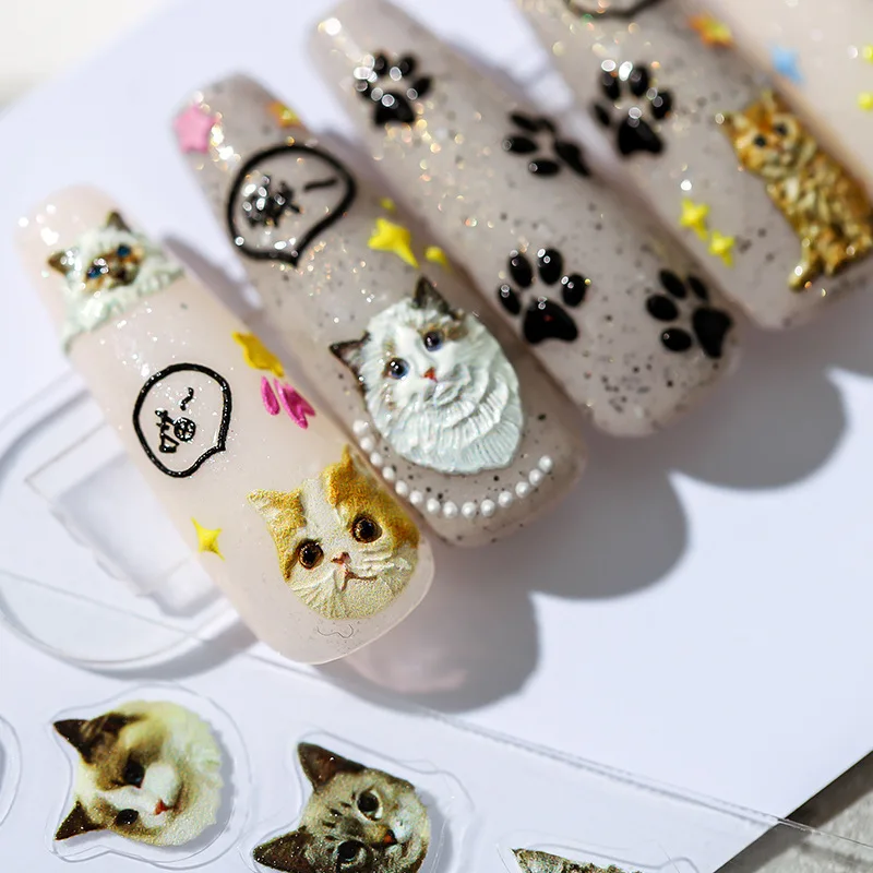 

1 Sheet 3D Realistic Relief Big Face Tabby Cat Claw Meow Pattern Adheisve Nail Art Stickers Decals Manicure Accessories