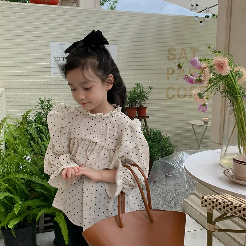 

Children's Tops 2022 Autumn New Girls' Polka Dot Korean Puff Sleeve Shirt