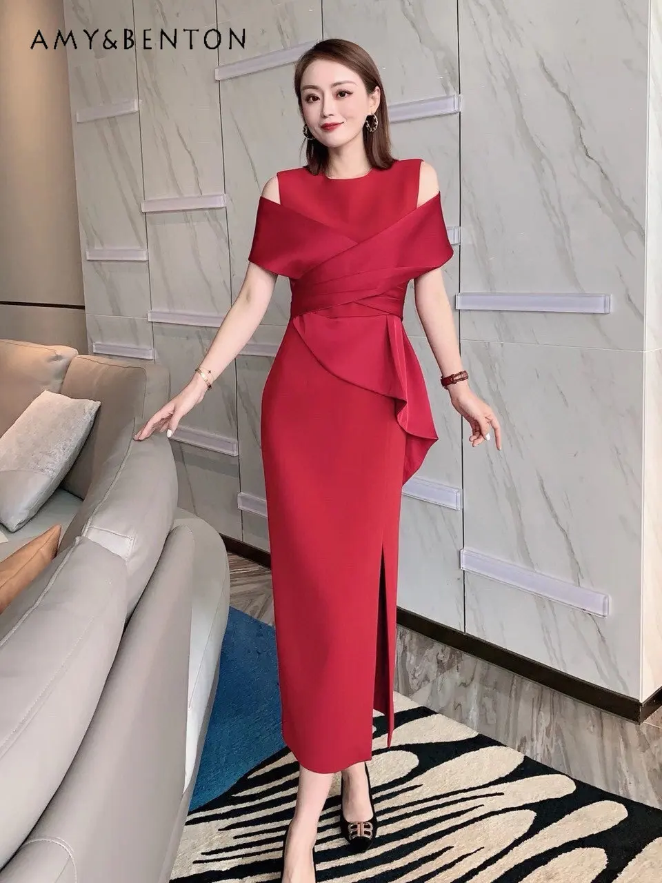 Elegant Socialite Slit Dress Women's Spring 2023 New Ruffled Slim Fit Patchwork Slimming and Shoulder Hollow One-Step Dress