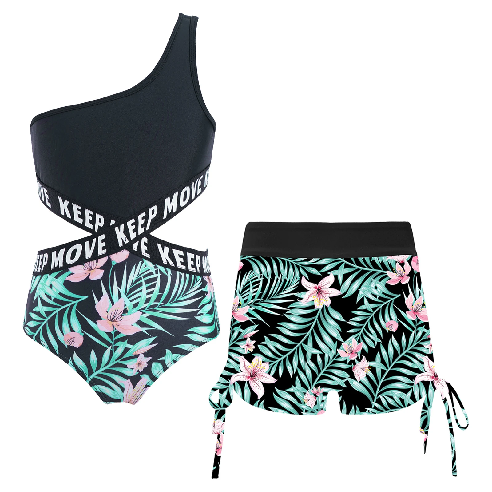 

Summer Kids Girls Swimwear Set Single Shoulder Criss Cross Waistline Swimsuit with Side Drawstring Shorts for Swimming Bathing