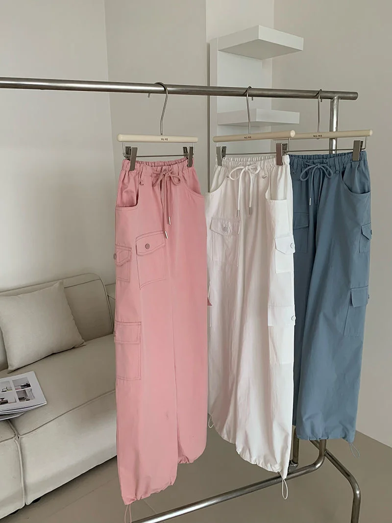 

Adjustable Waist Drawstring Full Cotton Cargo Pants Women's Summer Long Pants