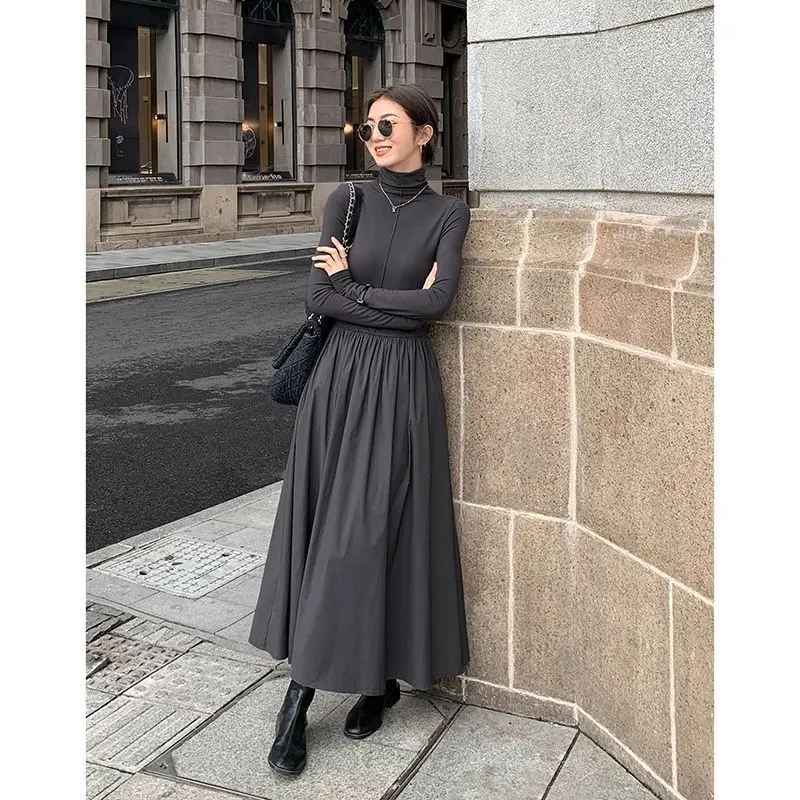 

Elegant Long Sleeve A-Line Knitted Sweater Dresses Women 2023 New Autumn Winter Korean Solid Turtleneck Dress Tops F100