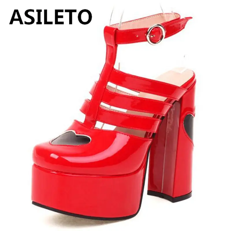 

ASILETO женские фотообои толстые высокие каблуки с перекрестными ремешками в форме сердца римская платформа сандалии с квадратным носком 35-41 Черный Розовый Лето S3628
