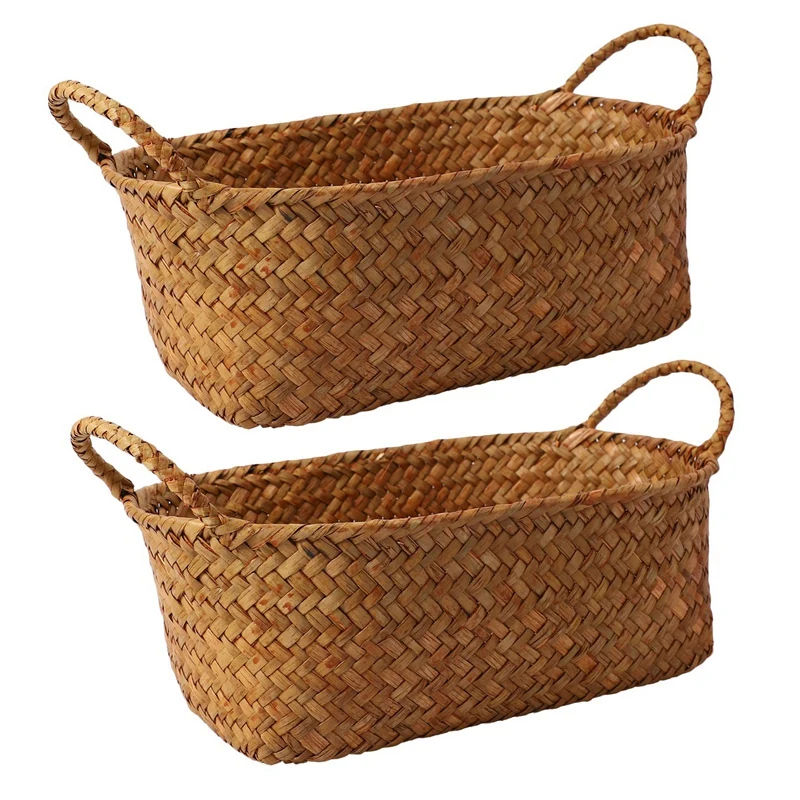 

2X Wicker Weaving Storage Basket For Kitchen Handmade Fruit Dish Rattan Picnic Food Bread Loaf Sundries