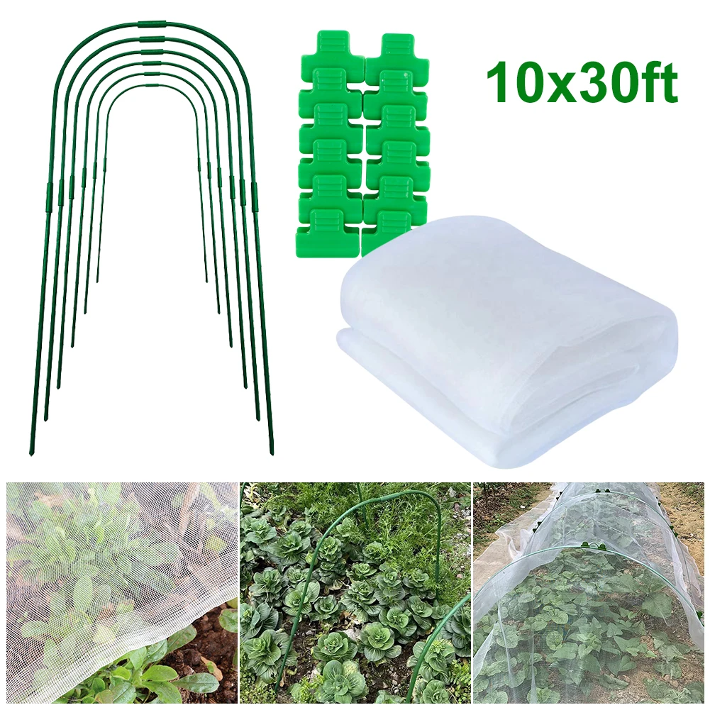 

New Garden Mesh Netting Kit 10x30ft Plant Cover Ultra-Fine Mesh Net With 6 Greenhouse Hoops 12 Clips Tunnel Support Hoop Plants