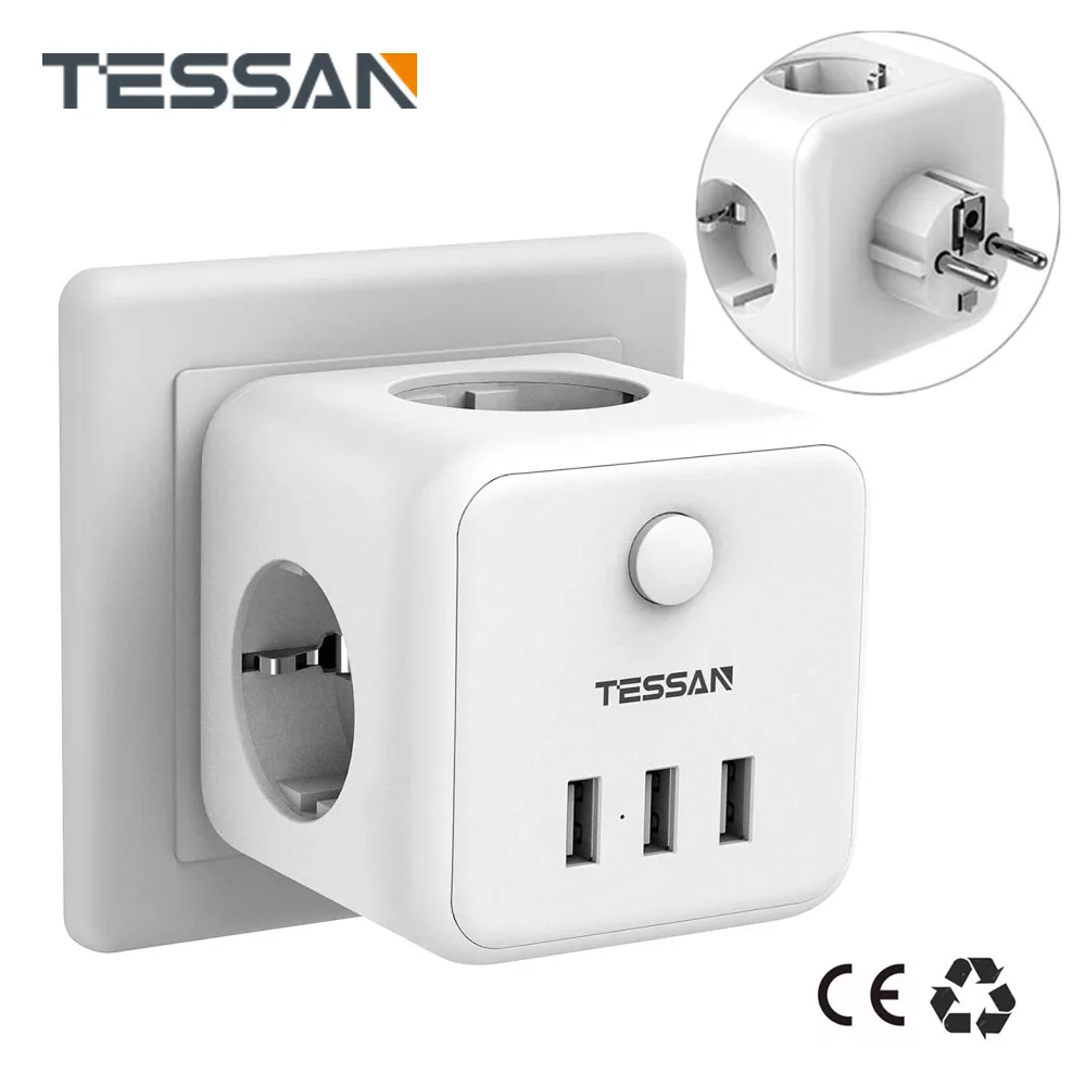 

Дорожный адаптер TESSAN с 3 розетками переменного тока, 3 USB-порта