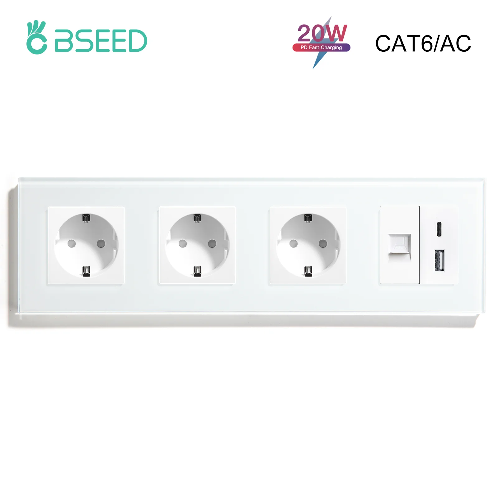 BSEED CAT6 Интернет USBC Data Компьютерные розетки для ПК плюс розетки переменного тока 20 Вт для быстрой зарядки Настенные розетки Стеклянные рамки Стандарт ЕС