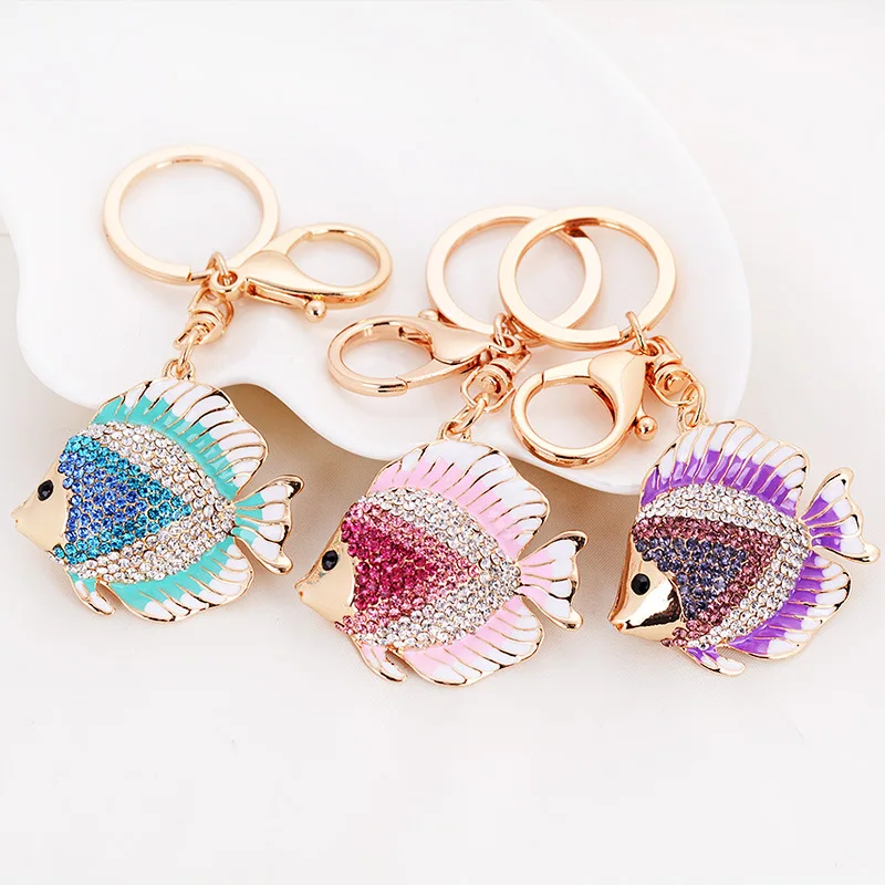 

Crystal Rhinestone Fish Keychains Pretty Cute Marine Animal Goldfish Keyring Accessories
